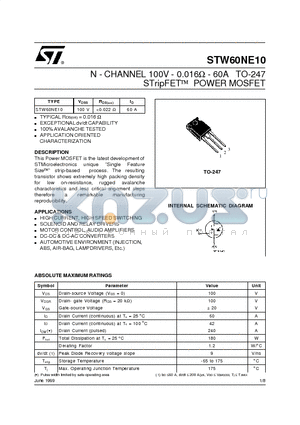 STW60NE10 datasheet - N - CHANNEL 100V - 0.016ohm - 60A TO-247 STripFET  POWER MOSFET