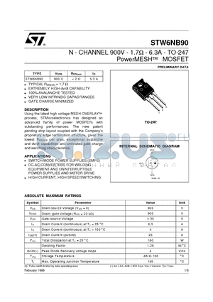 STW6NB90 datasheet - N - CHANNEL 900V - 1.7ohm - 6.3A - TO-247 PowerMESH  MOSFET