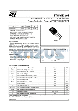 STW6NC90 datasheet - N-CHANNEL 900V - 2.1ohm - 5.2A TO-247 Zener-Protected PowerMESHIII MOSFET