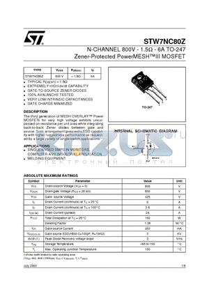 STW7NC80Z datasheet - N-CHANNEL 800V - 1.5ohm - 6A TO-247 Zener-Protected PowerMESHIII MOSFET