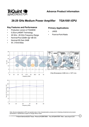 TGA1081-EPU datasheet - 26-29 GHz Medium Power Amplifier