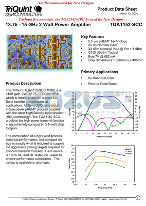 TGA1152-SCC datasheet - 13.75 - 15 GHz 2 Watt Power Amplifier