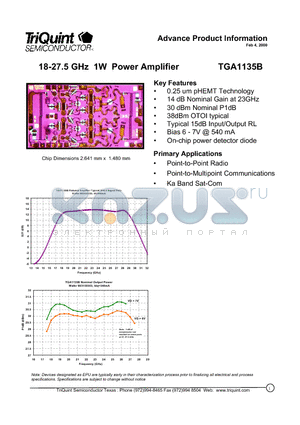 TGA1135B datasheet - 18-27.5 GHz 1W Power Amplifier