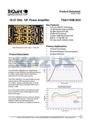TGA1135B-SCC datasheet - 18-27 GHz 1W Power Amplifier