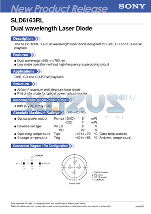 SLD6163RL datasheet - Dual wavelength Laser Diode