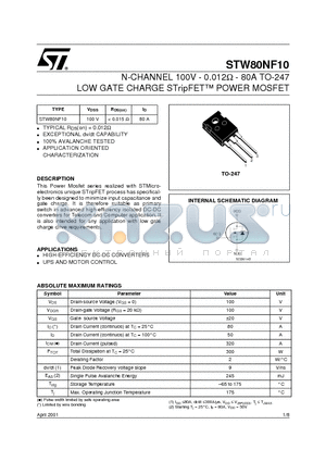 STW80NF10 datasheet - N-CHANNEL 100V - 0.012ohm - 80A TO-247 LOW GATE CHARGE STripFET POWER MOSFET