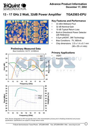 TGA2503-EPU datasheet - 13 - 17 GHz 2 Watt, 32dB Power Amplifier