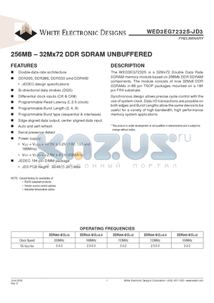 WED3EG72M32S202JD3GG datasheet - 256MB - 32Mx72 DDR SDRAM UNBUFFERED