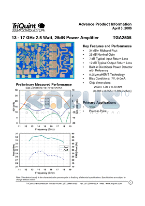 TGA2505 datasheet - 13 - 17 GHz 2.5 Watt, 25dB Power Amplifier