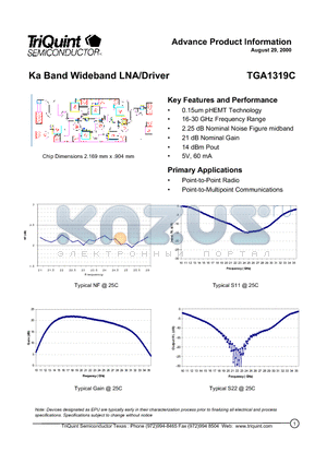 TGA1319C datasheet - Ka Band Wideband LNA/Driver