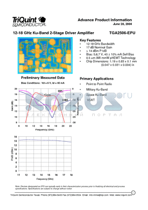 TGA2506-EPU datasheet - 12-18 GHz Ku-Band 2-Stage Driver Amplifier