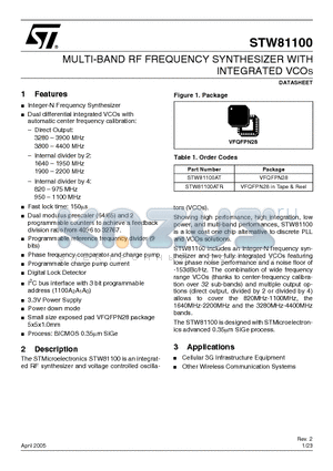 STW81100AT datasheet - MULTI-BAND RF FREQUENCY SYNTHESIZER WITH INTEGRATED VCOS