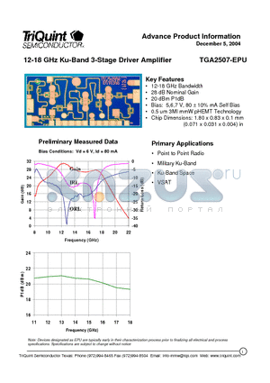 TGA2507-EPU datasheet - 12-18 GHz Ku-Band 3-Stage Driver Amplifier