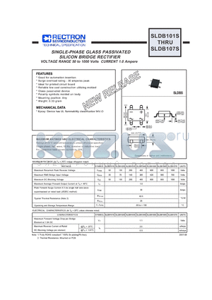 SLDB101S datasheet - SINGLE-PHASE GLASS PASSIVATED SILICON BRIDGE RECTIFIER VOLTAGE RANGE 50 to 1000 Volts CURRENT 1.0 Ampere