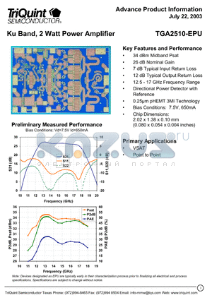 TGA2510-EPU datasheet - Ku Band, 2 Watt Power Amplifier