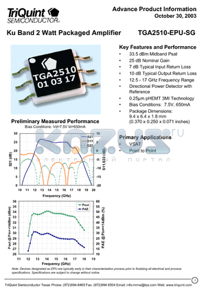 TGA2510-EPU-SG datasheet - Ku Band 2 Watt Packaged Amplifier