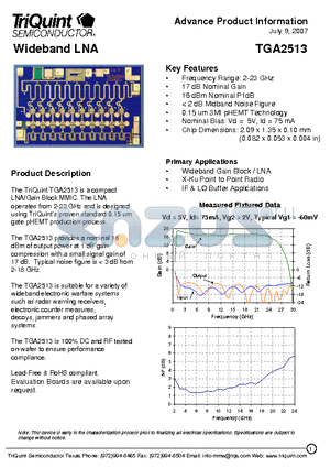 TGA2513 datasheet - Wideband LNA