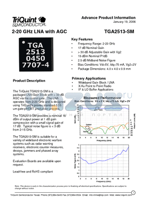 TGA2513-SM datasheet - 2-20 GHz LNA with AGC