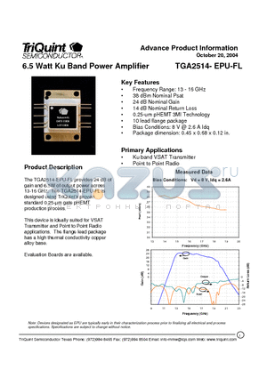 TGA2514-EPU-FL datasheet - 6.5 Watt Ku Band Power Amplifier