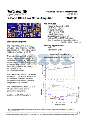 TGA2600 datasheet - X-band Ultra Low Noise Amplifier