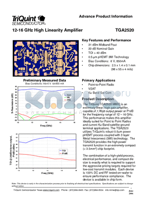 TGA2520 datasheet - 12-16 GHz High Linearity Amplifier