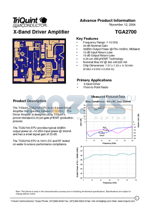 TGA2700 datasheet - X-Band Driver Amplifier