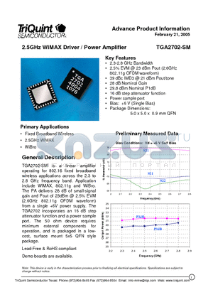 TGA2702-SM datasheet - 2.5GHz WiMAX Driver / Power Amplifier