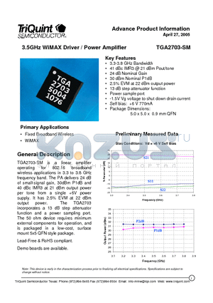 TGA2703-SM datasheet - 3.5GHz WiMAX Driver / Power Amplifier