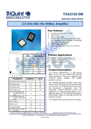 TGA2720-SM datasheet - 2.5 GHz 802.16e WiMax Amplifier