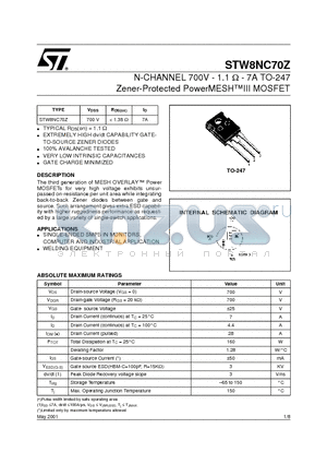 STW8NC70Z datasheet - N-CHANNEL 700V - 1.1 ohm - 7A TO-247 Zener-Protected PowerMESHIII MOSFET