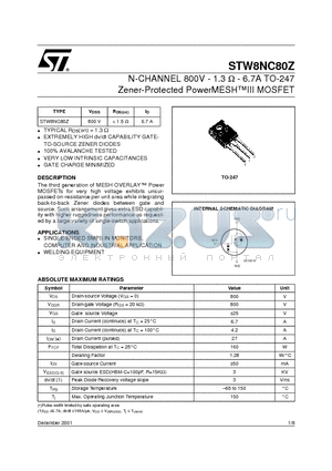 STW8NC80Z datasheet - N-CHANNEL 700V - 1.1 ohm - 7A TO-247 Zener-Protected PowerMESHIII MOSFET