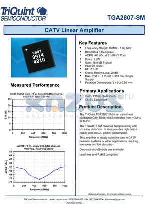 TGA2807-SM datasheet - CATV Linear Amplifier