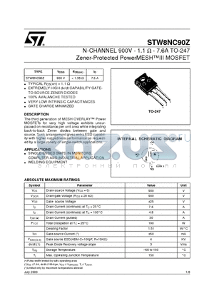 STW8NC90Z datasheet - N-CHANNEL 900V - 1.1 ohm - 7.6A TO-247 Zener-Protected PowerMESHIII MOSFET