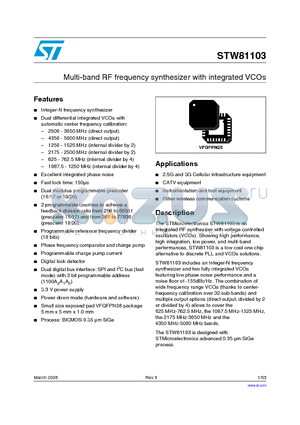 STW81103 datasheet - Multi-band RF frequency synthesizer with integrated VCOs