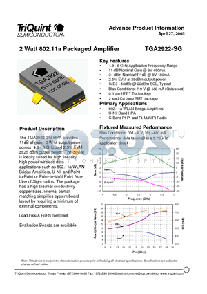 TGA2922-SG datasheet - 2 Watt 802.11a Packaged Amplifier