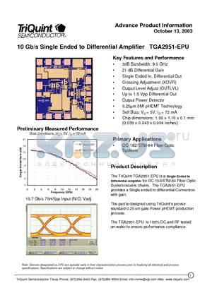 TGA2951-EPU datasheet - 10 Gb/s Single Ended to Differential Amplifier TGA2951-EPU