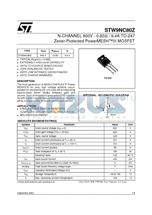 STW9NC80Z datasheet - N-CHANNEL 800V - 0.82ohm - 9.4A TO-247 Zener-Protected PowerMESHIII MOSFET