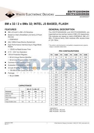 WED7F328XDNSN100C datasheet - 8M x 32 / 2 x 8Mx 32 INTEL J3 BASED, FLASH