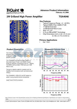 TGA4046 datasheet - 2W Q-Band High Power Amplifier
