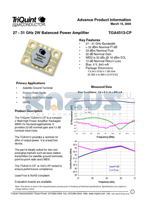 TGA4513-CP datasheet - 27 - 31 GHz 2W Balanced Power Amplifier