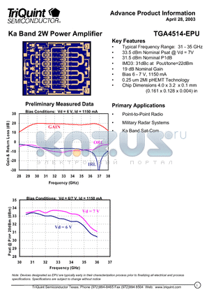 TGA4514-EPU datasheet - Ka Band 2W Power Amplifier