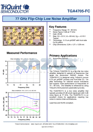 TGA4705-FC datasheet - 77 GHz Flip-Chip Low Noise Amplifier