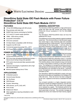 WED7G1G0IDE33ADC25 datasheet - DimmDrive Solid State IDE Flash Module with Power Failure Protection IDE36 DimmDrive Solid State IDE Flash Module IDE33