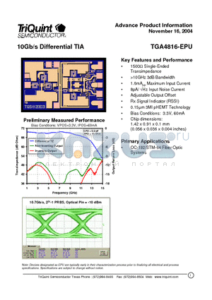 TGA4816-EPU datasheet - 10Gb/s Differential TIA