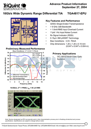 TGA4817-EPU datasheet - 10Gb/s Wide Dynamic Range Differential TIA