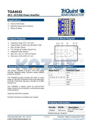 TGA4543 datasheet - 40.5 - 43.5 GHz Power Amplifier