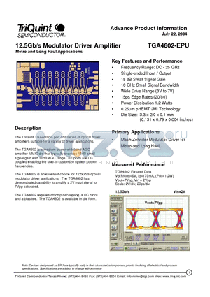 TGA4802-EPU datasheet - 12.5Gb/s Modulator Driver Amplifier
