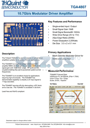 TGA4807 datasheet - 10.7Gb/s Modulator Driver Amplifier