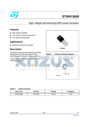 STWH13009 datasheet - High voltage fast-switching NPN power transistor