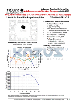 TGA4901-EPU-CP datasheet - 3 Watt Ka Band Packaged Amplifier